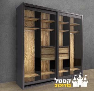ארון הזזה דגם בראון 240 ס"מ (2 דלתות) לארון זוג מגירות עם טריקה שקטה (ניתן להוסיף זוג מגירות נוסף ) וחיפוי מדף עשוי אלומיניום בגוון שחור.